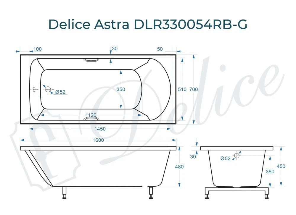 Ванна из литьевого мрамора Delice Astra 160х70 глянцевая с черными ручками DLR330054RB-G 