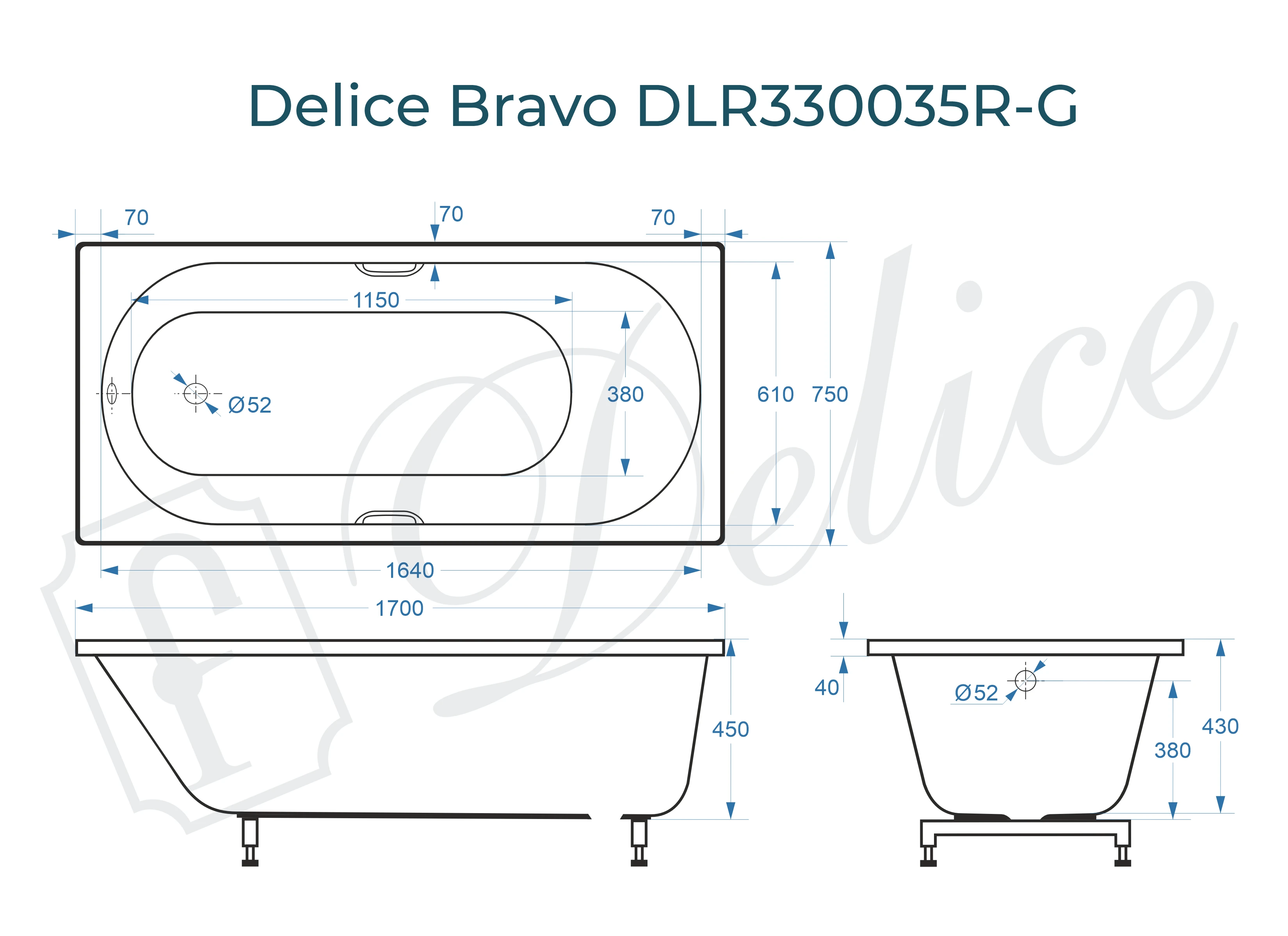 Ванна из литьевого мрамора Delice Bravo 170х75 глянцевая с ручками Хром DLR330035R-G 