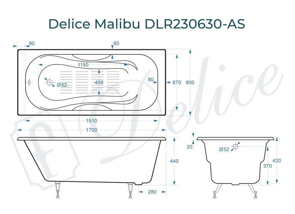 Чугунная ванна Delice Malibu 170x80 с антискольжением 