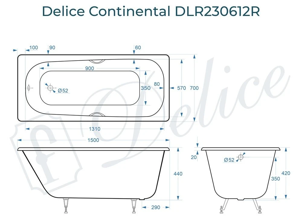 Чугунная ванна Delice Continental 150x70 с ручками 