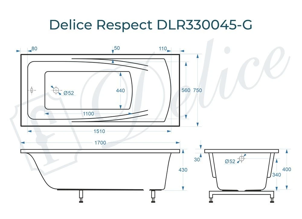 Ванна из литьевого мрамора Delice Respect 170х75 глянцевая DLR330045-G 