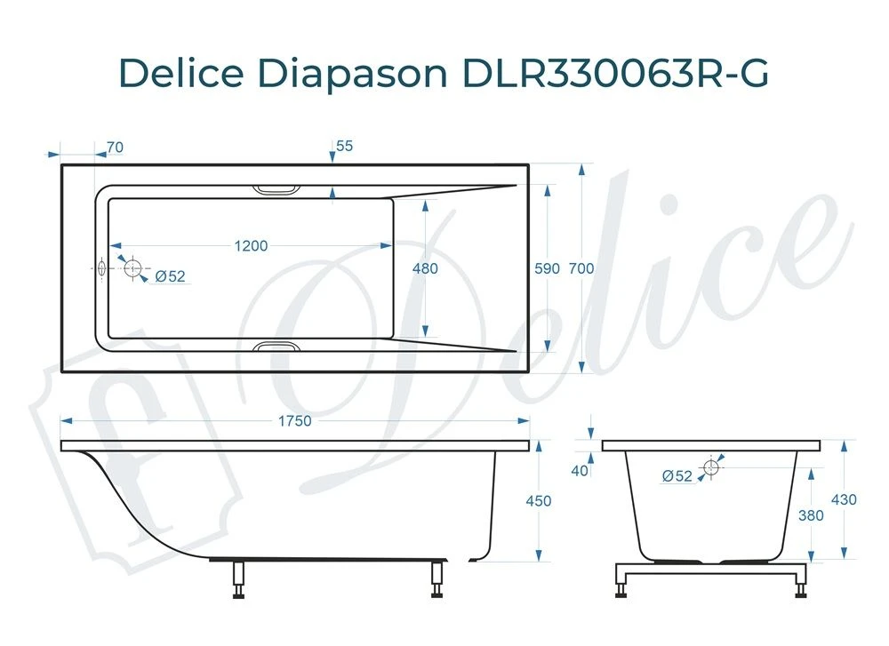 Ванна из литьевого мрамора Delice Diapason 175х70 глянцевая с ручками Хром DLR330063R-G 