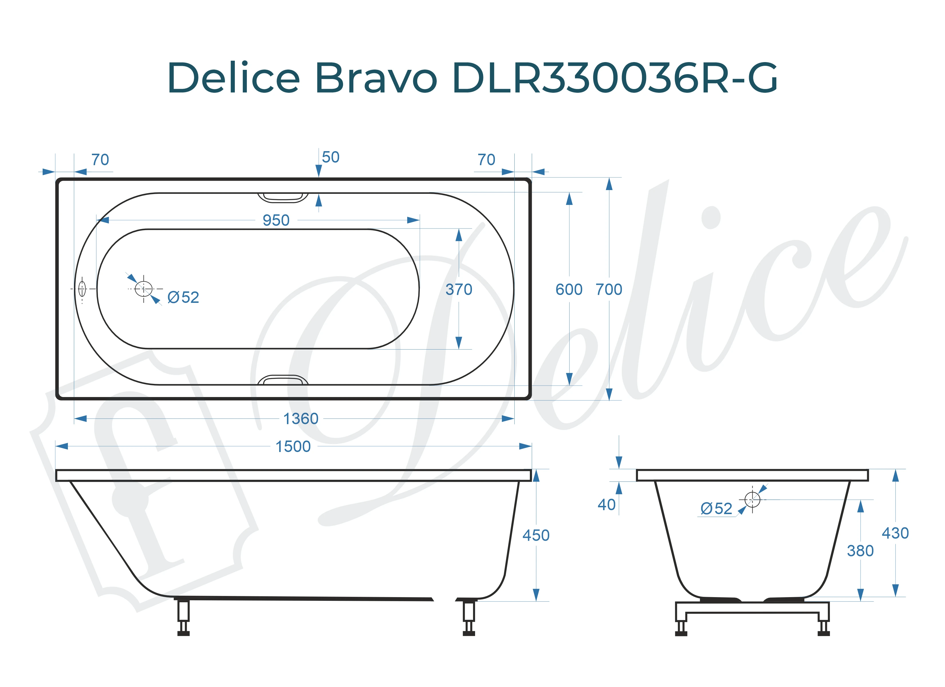 Ванна из литьевого мрамора Delice Bravo 150х70 глянцевая с черными ручками DLR330036RB-G 