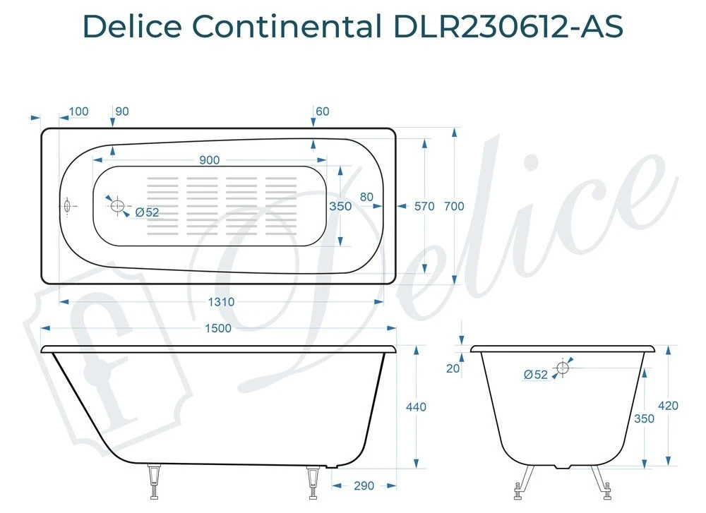 Чугунная ванна Delice Continental 150x70 с антискольжением 