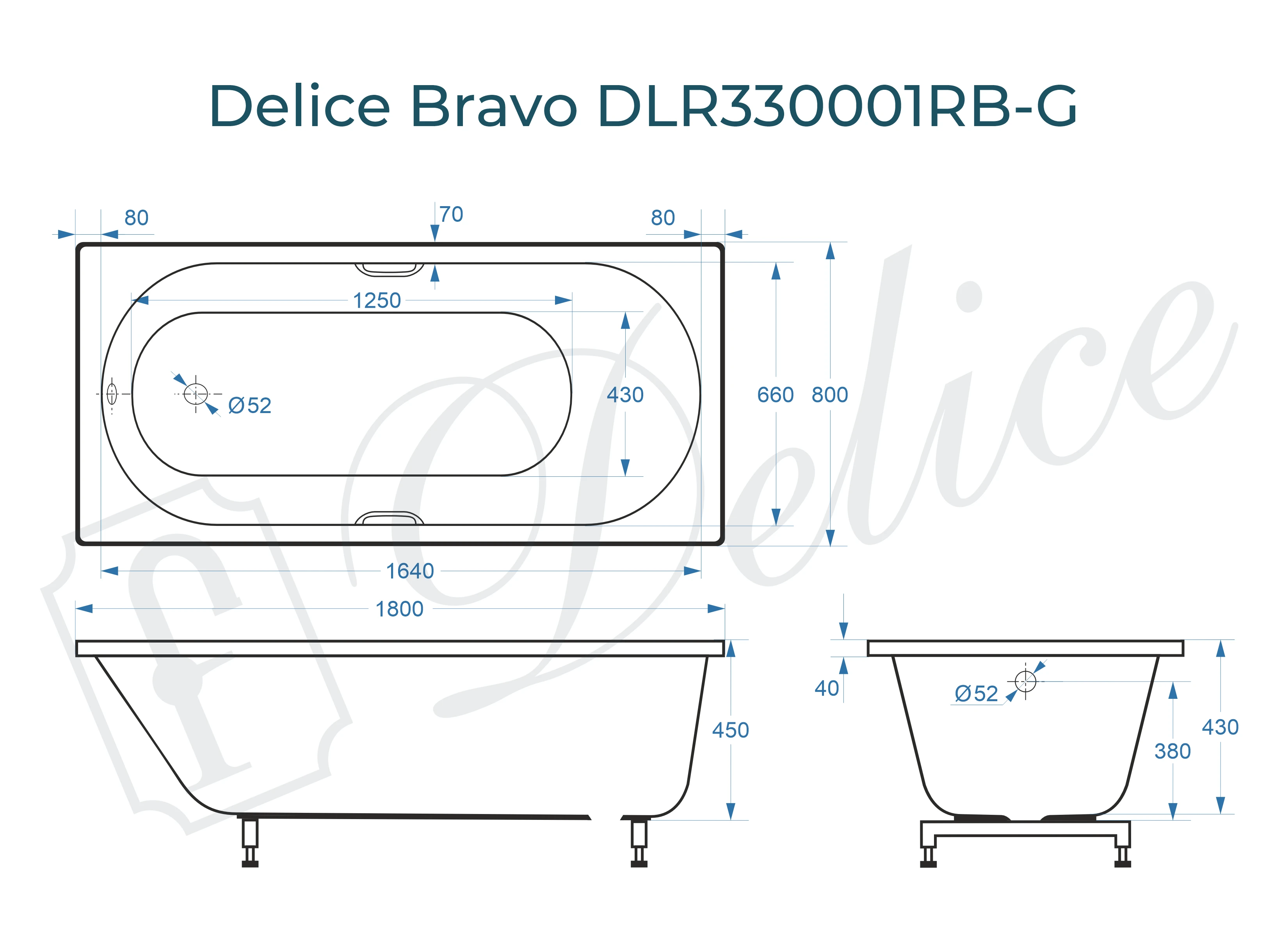 Ванна из литьевого мрамора Delice Bravo 180х80 глянцевая с черными ручками DLR330001RB-G 