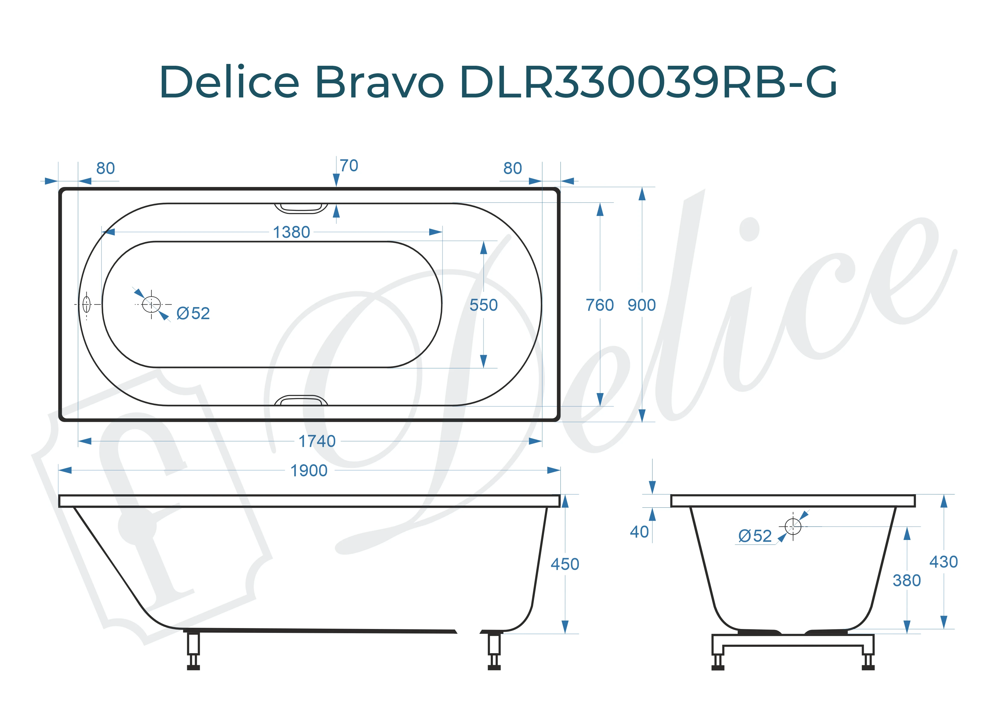 Ванна из литьевого мрамора Delice Bravo 190х90 глянцевая с черными ручками DLR330039RB-G 