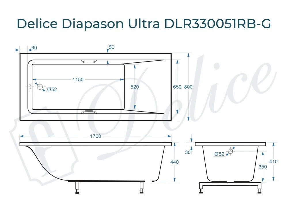 Ванна из литьевого мрамора Delice Diapason Ultra с узким бортом 170х80 глянцевая с черными ручками DLR330051RB-G 