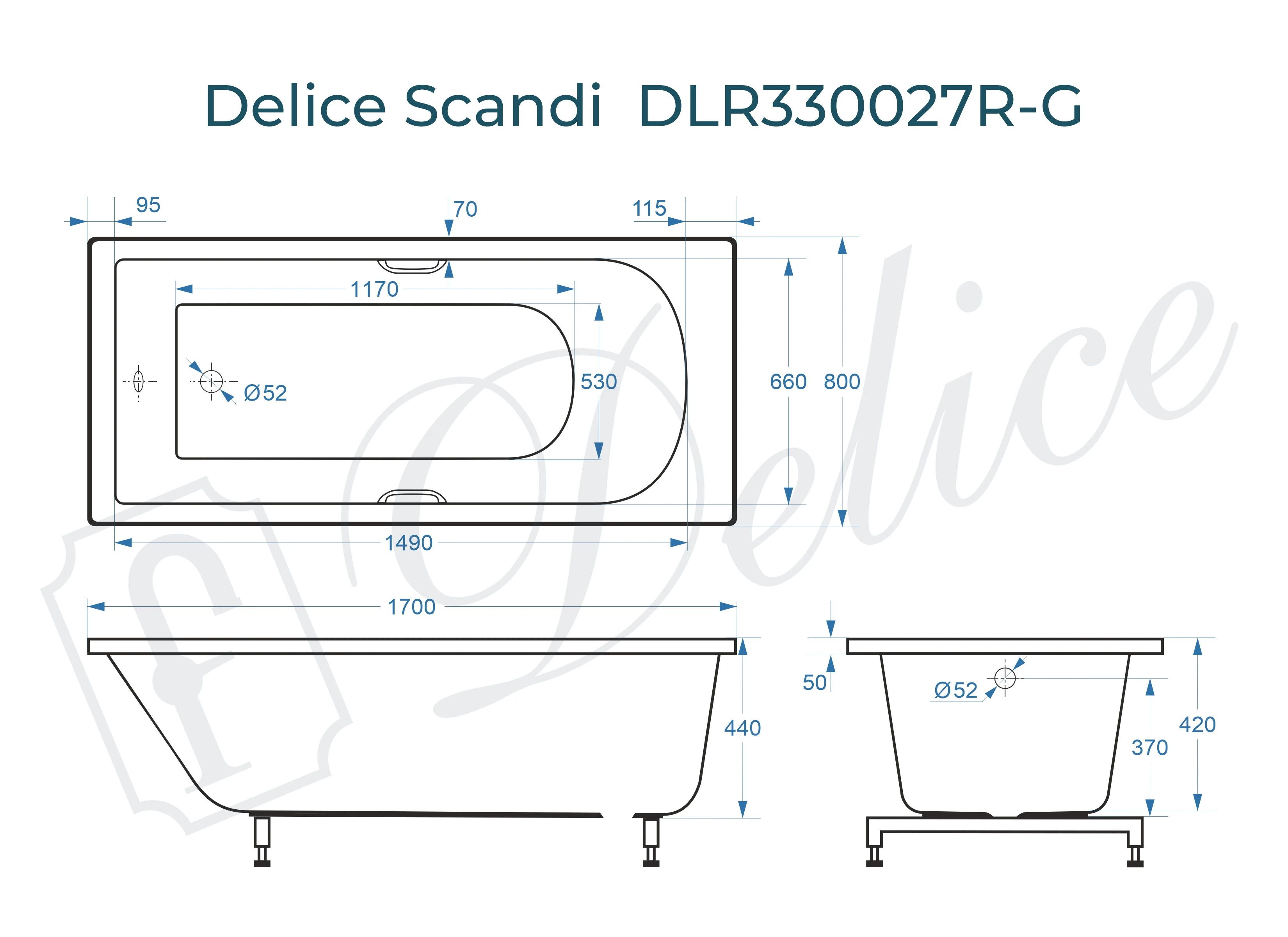 Ванна из литьевого мрамора Delice Scandi 170х80 глянцевая с ручками Хром DLR330027R-G 