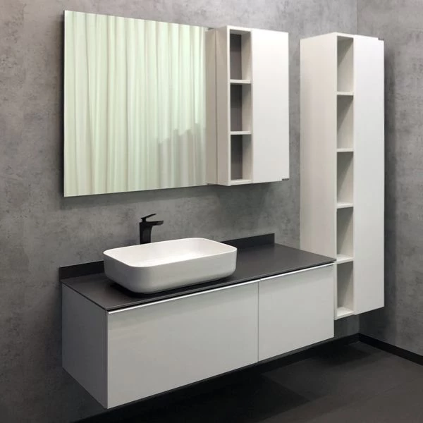 Тумба-умывальник Comforty Милан-120 белая с раковиной Comforty T-Y9378 и серой столешницей GT005 