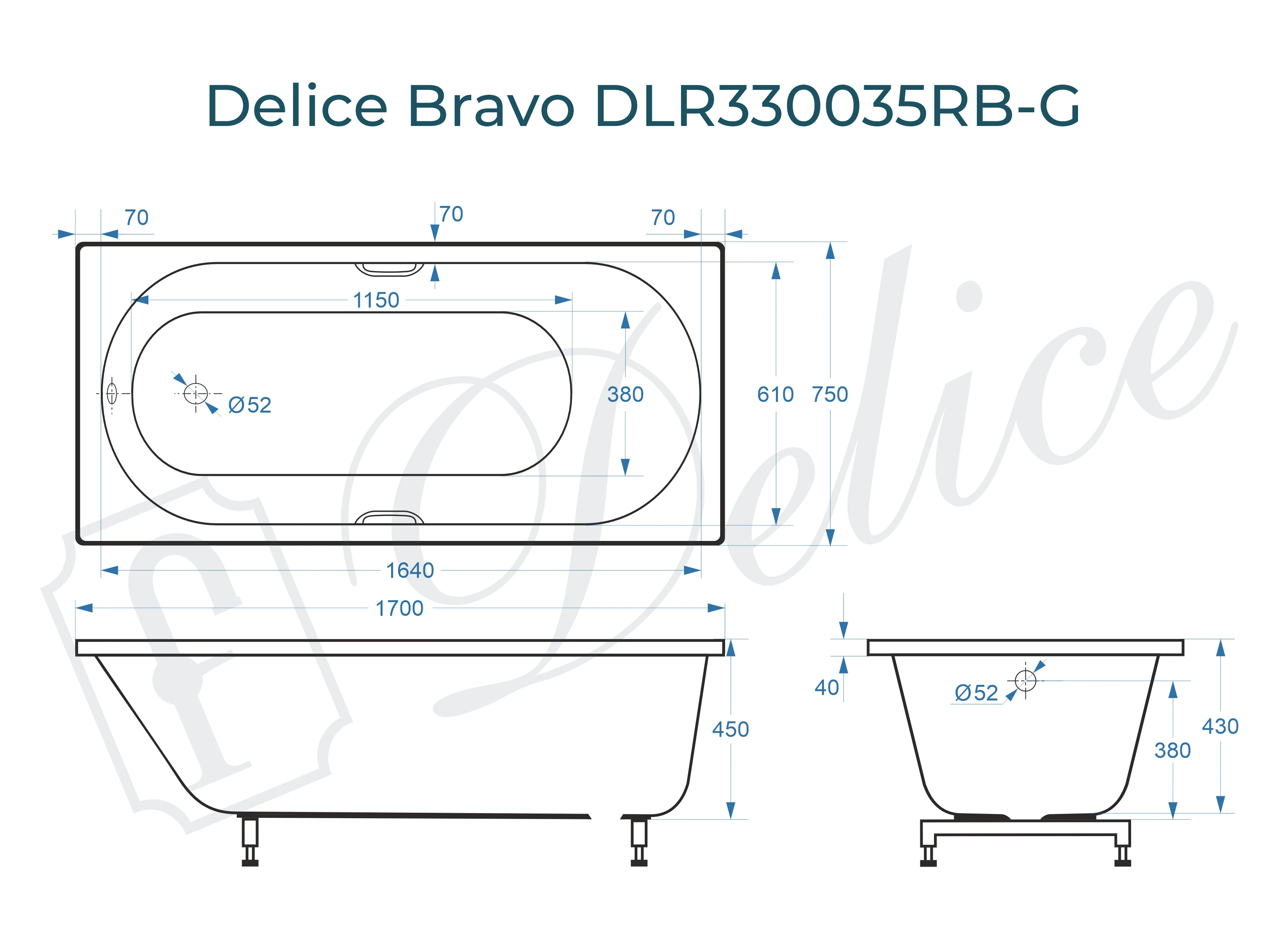 Ванна из литьевого мрамора Delice Bravo 170х75 глянцевая с черными ручками DLR330035RB-G 