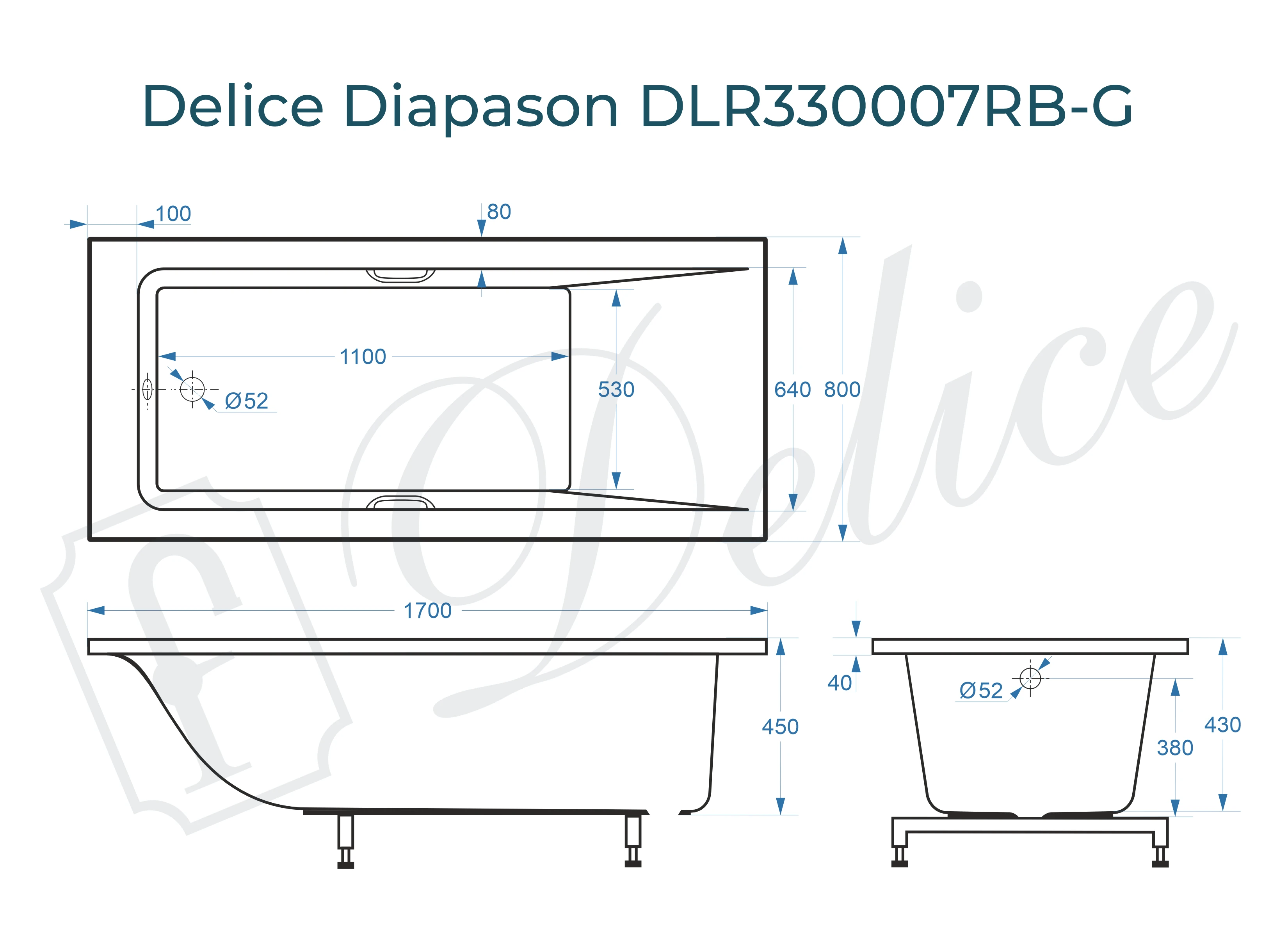 Ванна из литьевого мрамора Delice Diapason 170х80 глянцевая с черными ручками DLR330007RB-G 