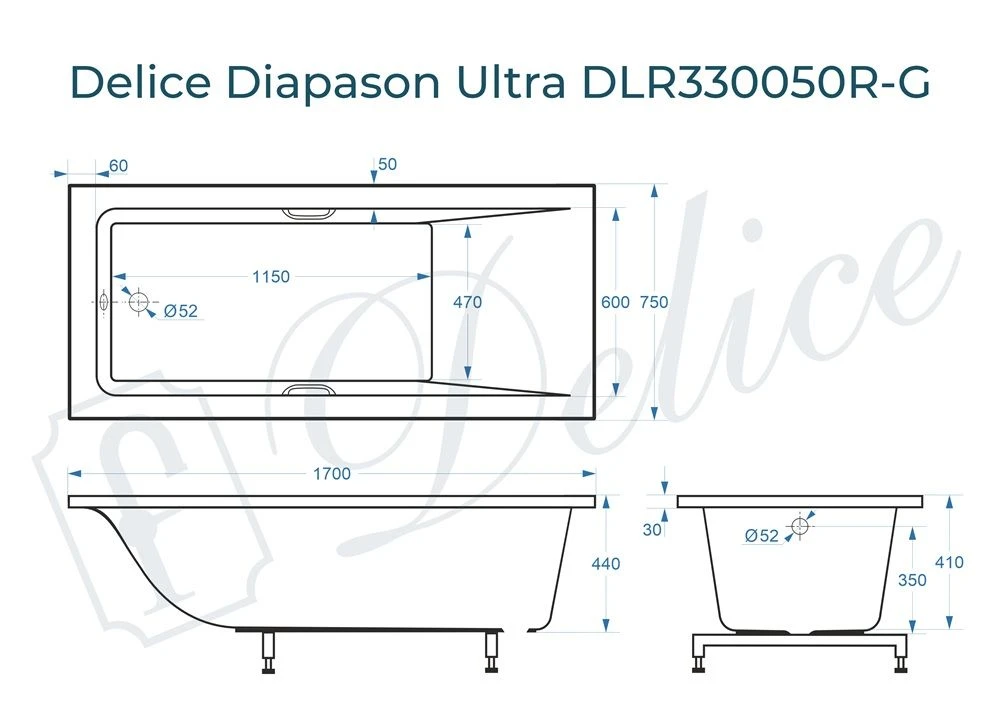Ванна из литьевого мрамора Delice Diapason Ultra с узким бортом 170х75 глянцевая с ручками Хром DLR330050R-G 