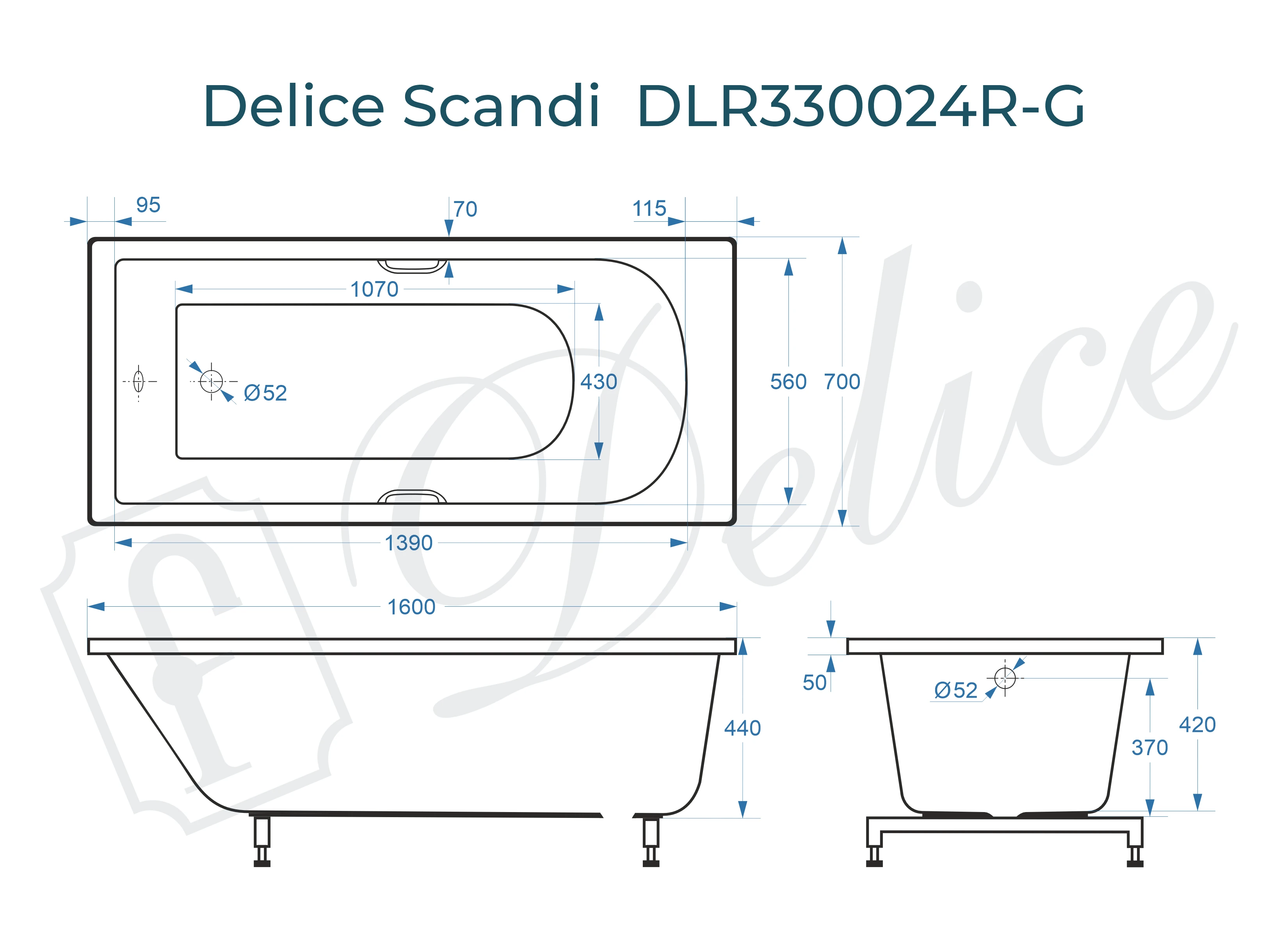 Ванна из литьевого мрамора Delice Scandi 160х70 глянцевая с черными ручками DLR330024RB-G 