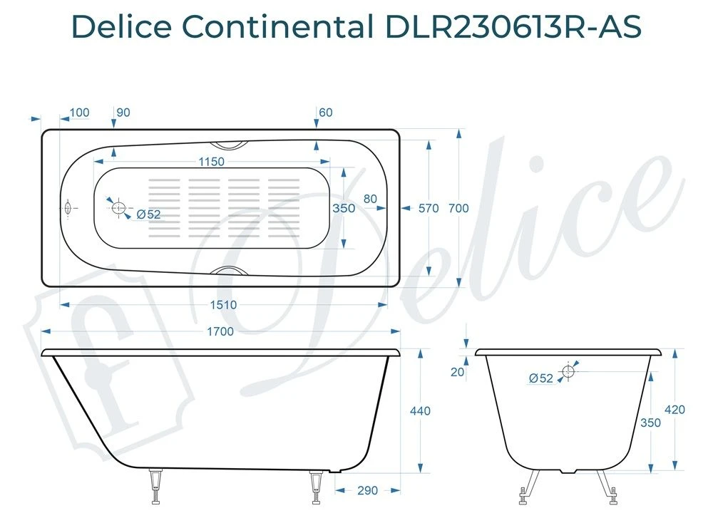 Чугунная ванна Delice Continental 170x70 с ручками и антискольжением 