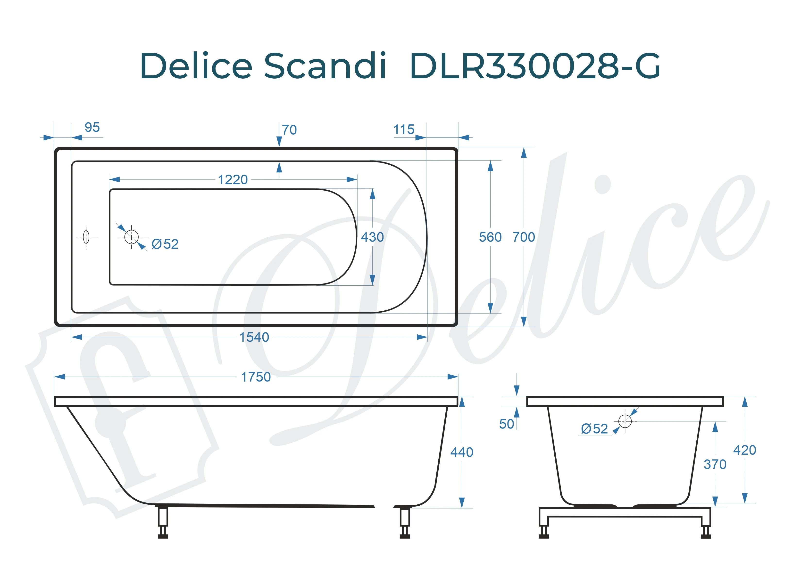 Ванна из литьевого мрамора Delice Scandi 175х70 глянцевая DLR330028-G 