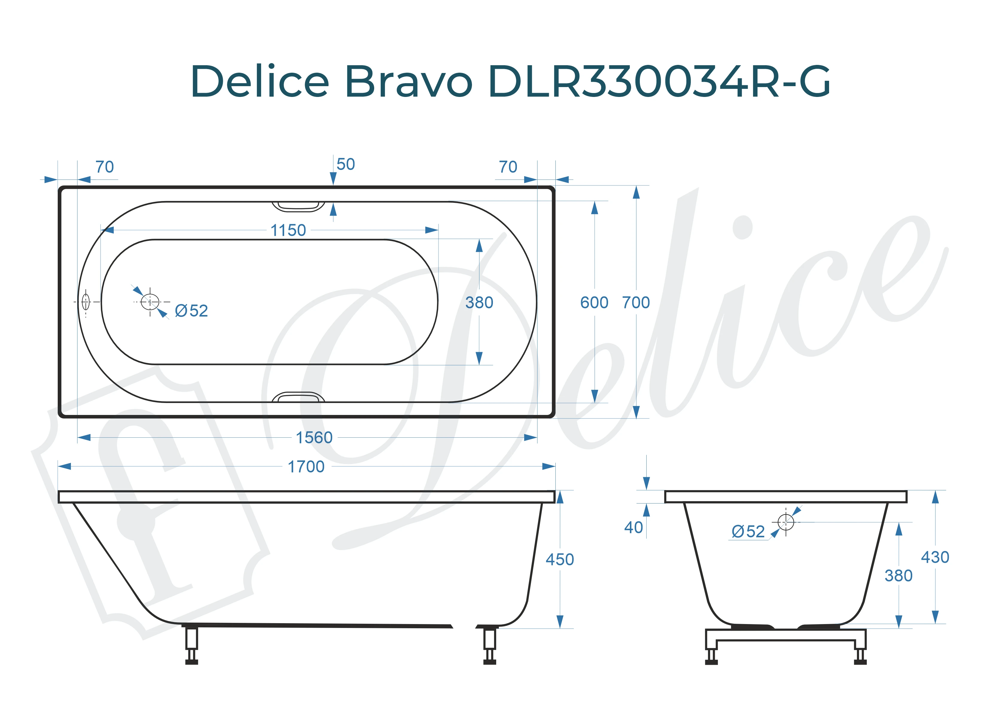 Ванна из литьевого мрамора Delice Bravo 170х70 глянцевая с ручками Хром DLR330034R-G 