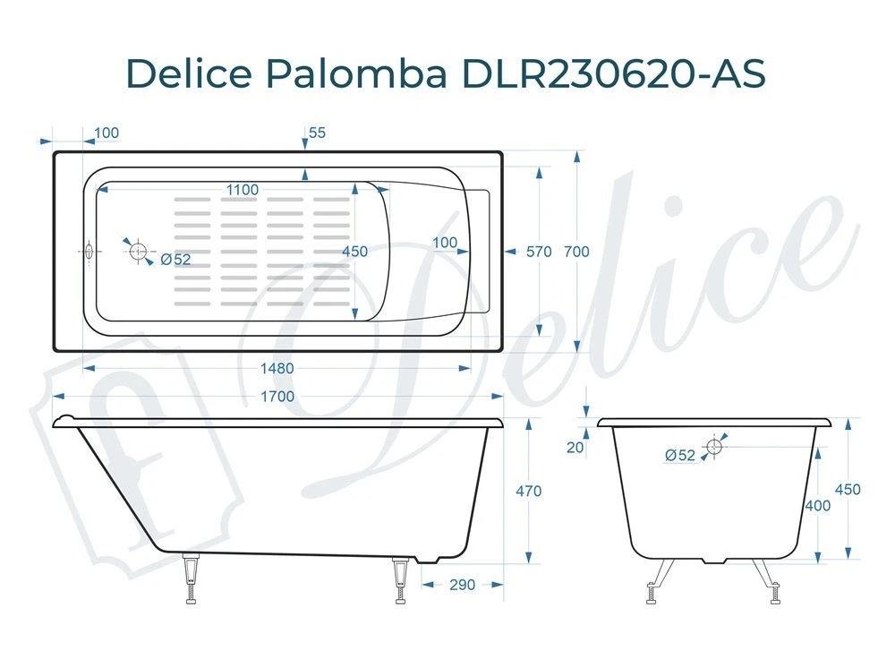 Чугунная ванна Delice Palomba 170x70 с антискольжением 