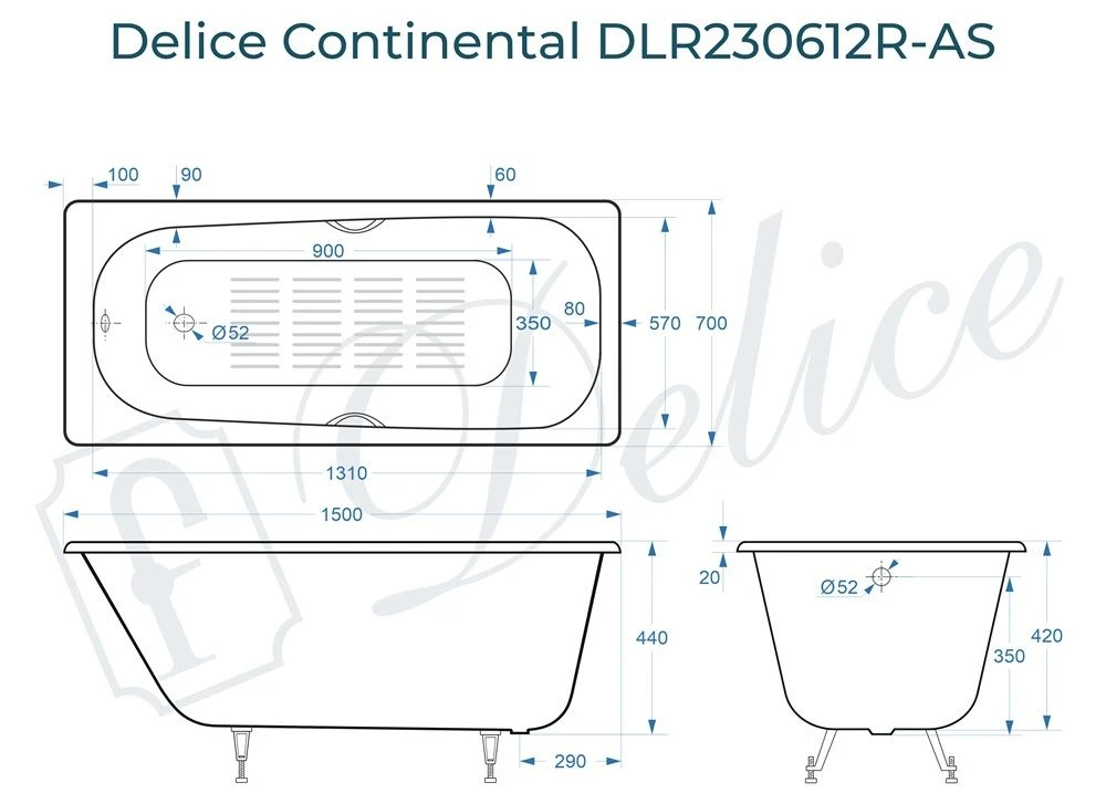 Чугунная ванна Delice Continental 150x70 с ручками и антискольжением 