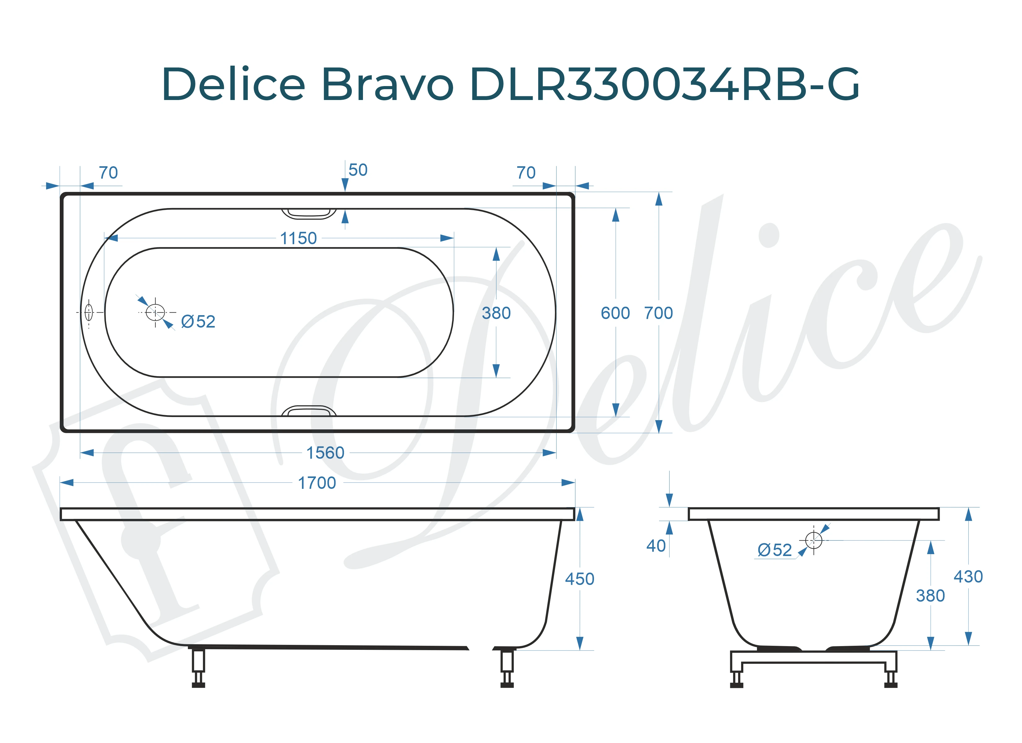 Ванна из литьевого мрамора Delice Bravo 170х70 глянцевая с черными ручками DLR330034RB-G 