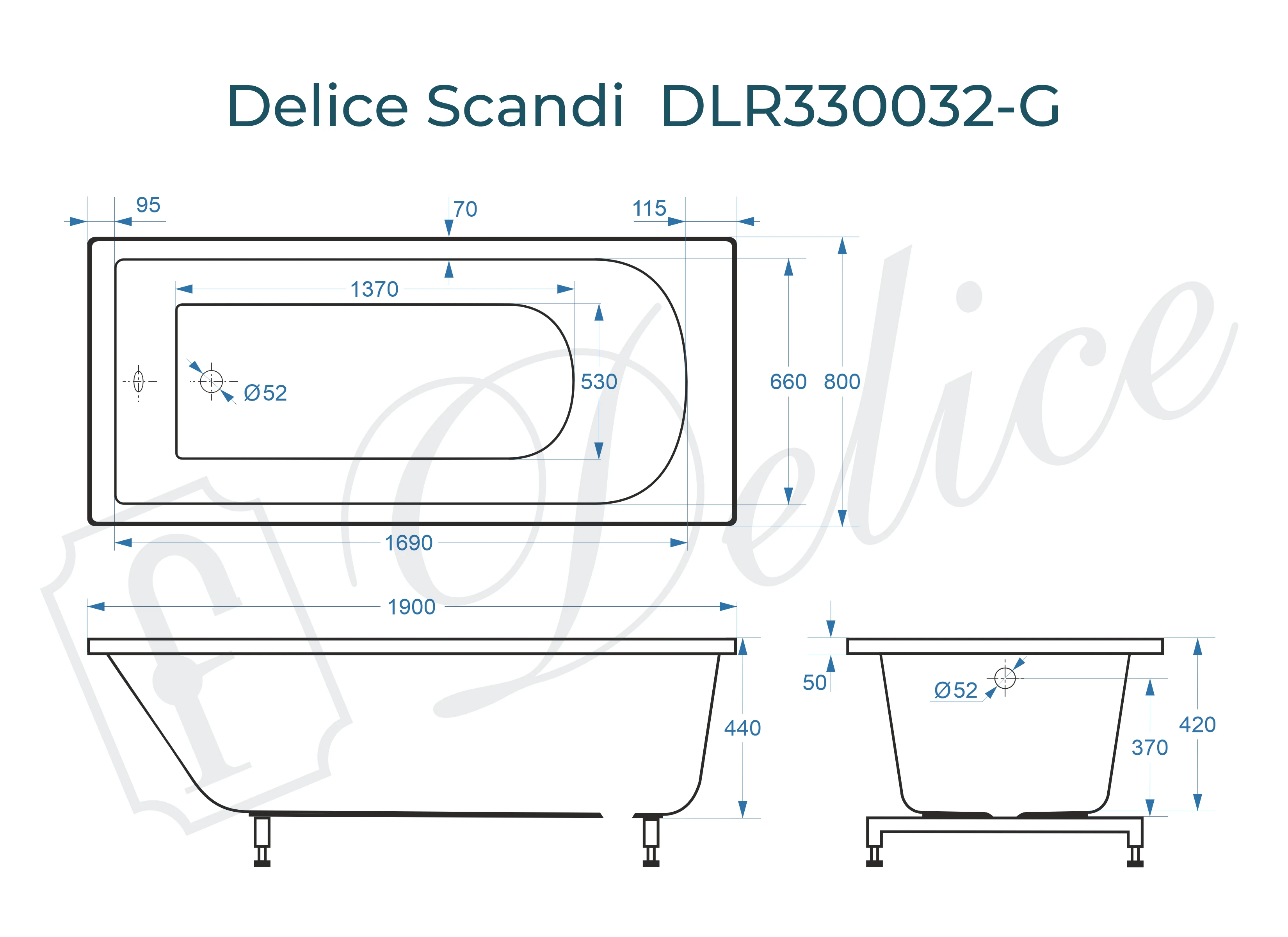 Ванна из литьевого мрамора Delice Scandi 190х80 глянцевая DLR330032-G 