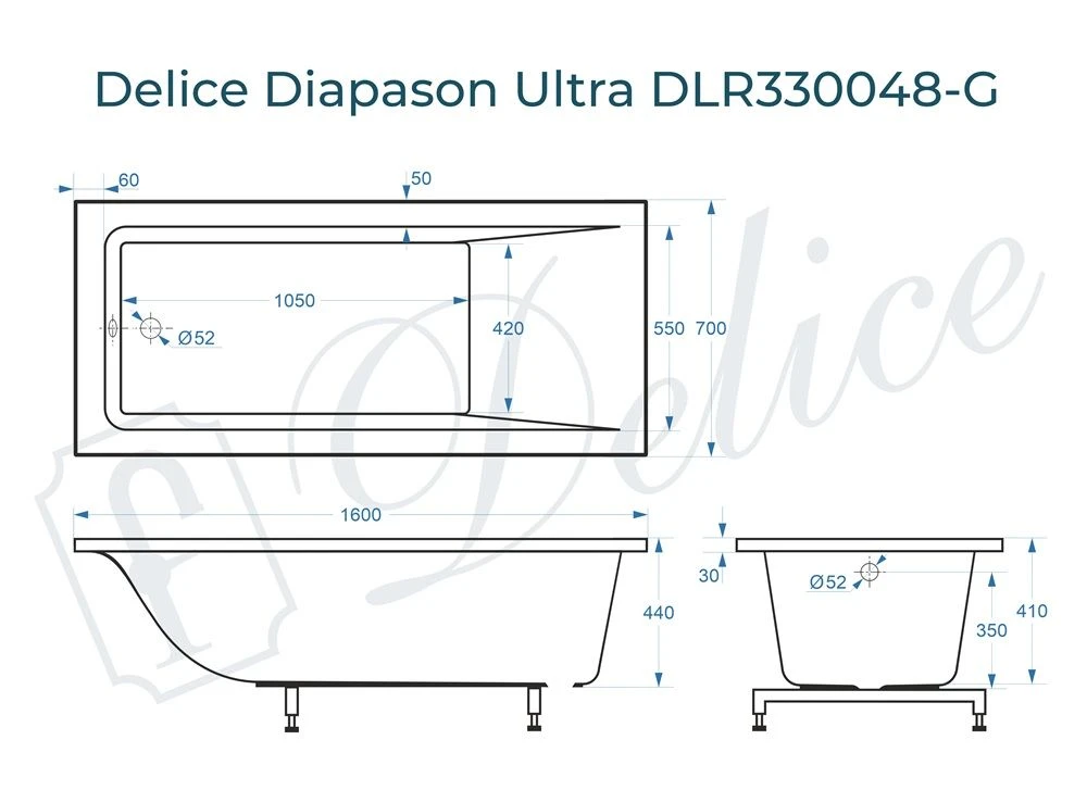 Ванна из литьевого мрамора Delice Diapason Ultra с узким бортом 160х70 глянцевая DLR330048-G 