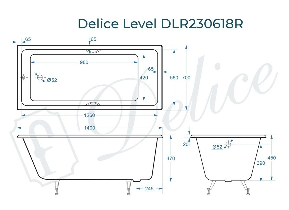 Чугунная ванна Delice Level 140x70 с ручками 