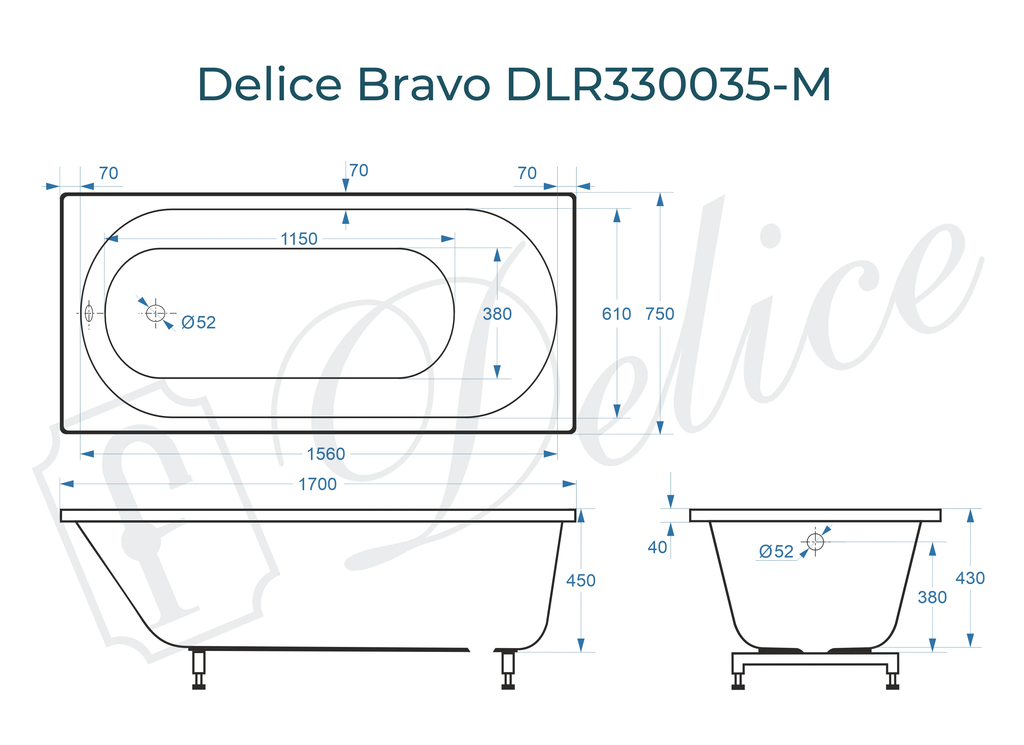Ванна из литьевого мрамора Delice Bravo 170х75 матовая DLR330035-M 