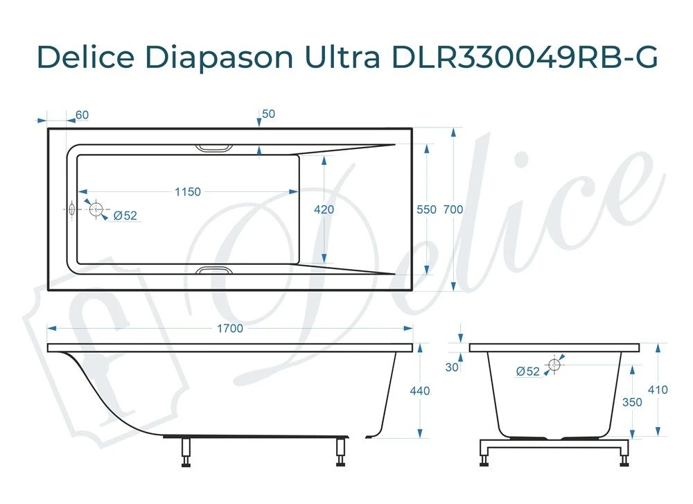 Ванна из литьевого мрамора Delice Diapason Ultra с узким бортом 170х70 глянцевая с черными ручками DLR330049RB-G 