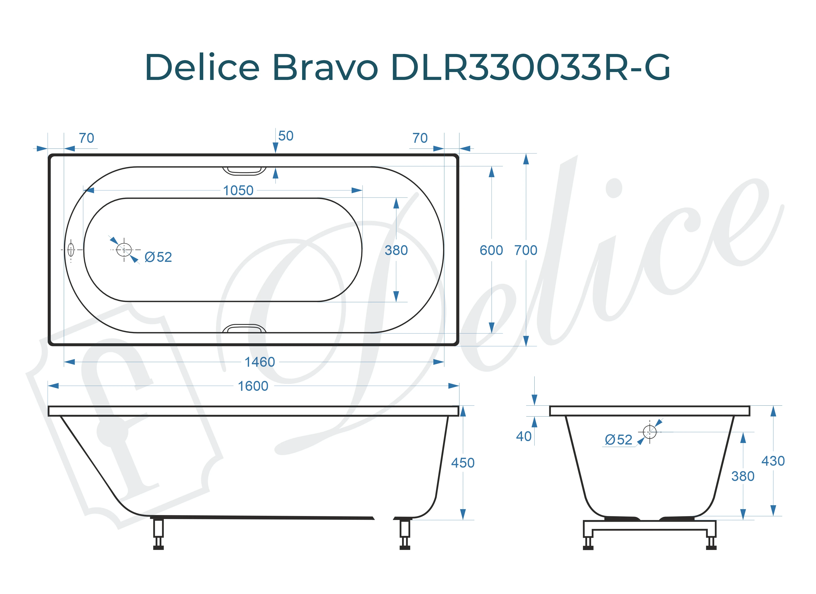 Ванна из литьевого мрамора Delice Bravo 160х70 глянцевая с ручками Хром DLR330033R-G 