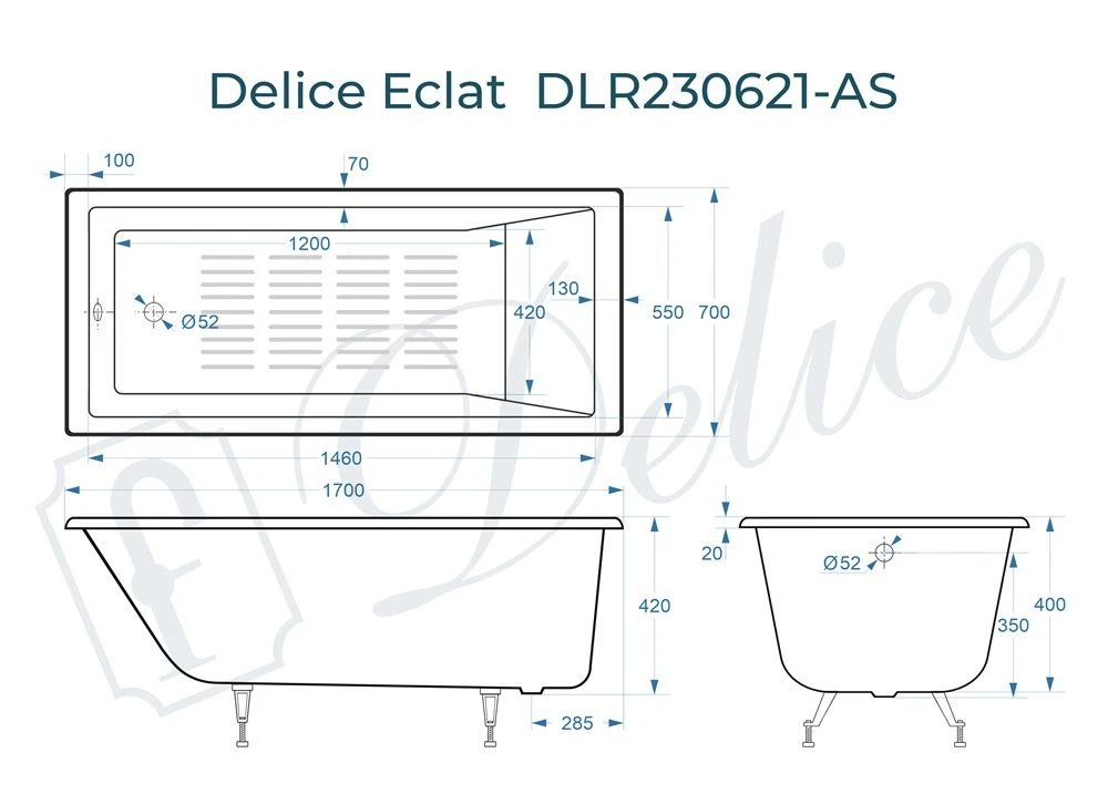 Чугунная ванна Delice Eclat 170x70 с антискольжением 