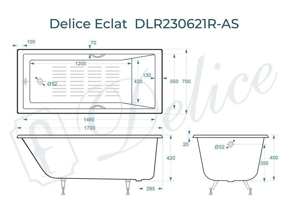 Чугунная ванна Delice Eclat 170x70 с ручками и антискольжением 