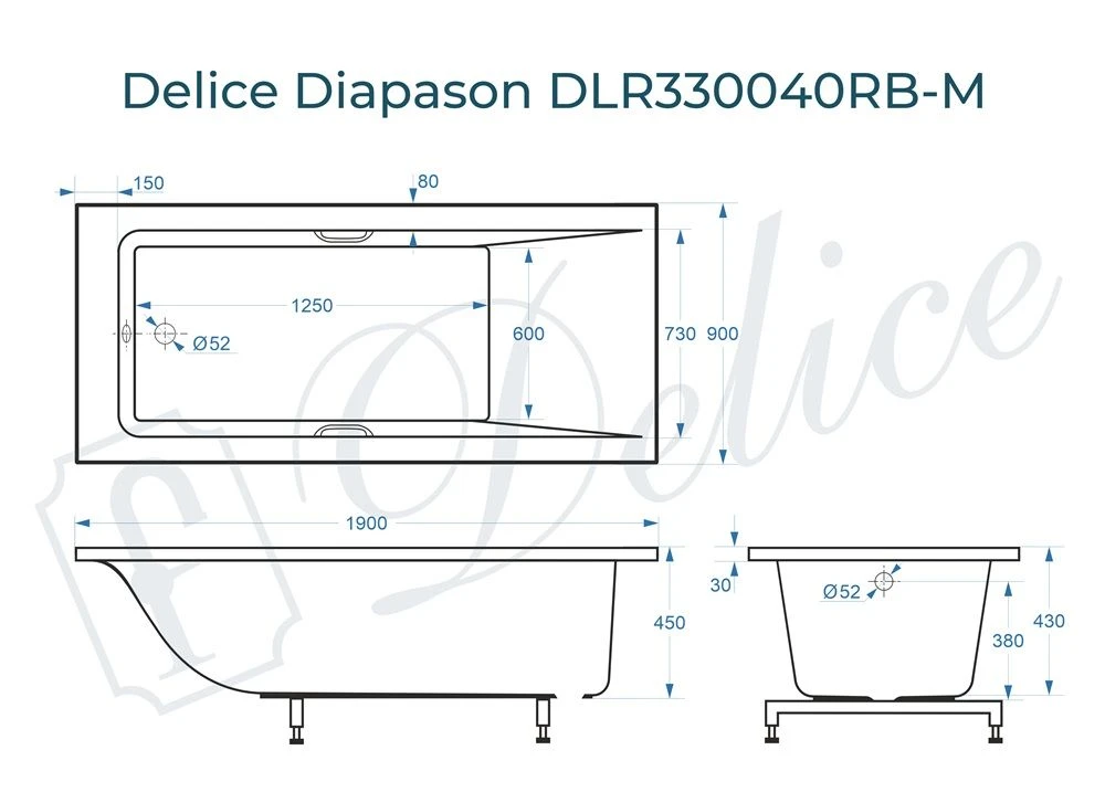 Ванна из литьевого мрамора Delice Diapason 190х90 матовая с черными ручками DLR330040RB-M 