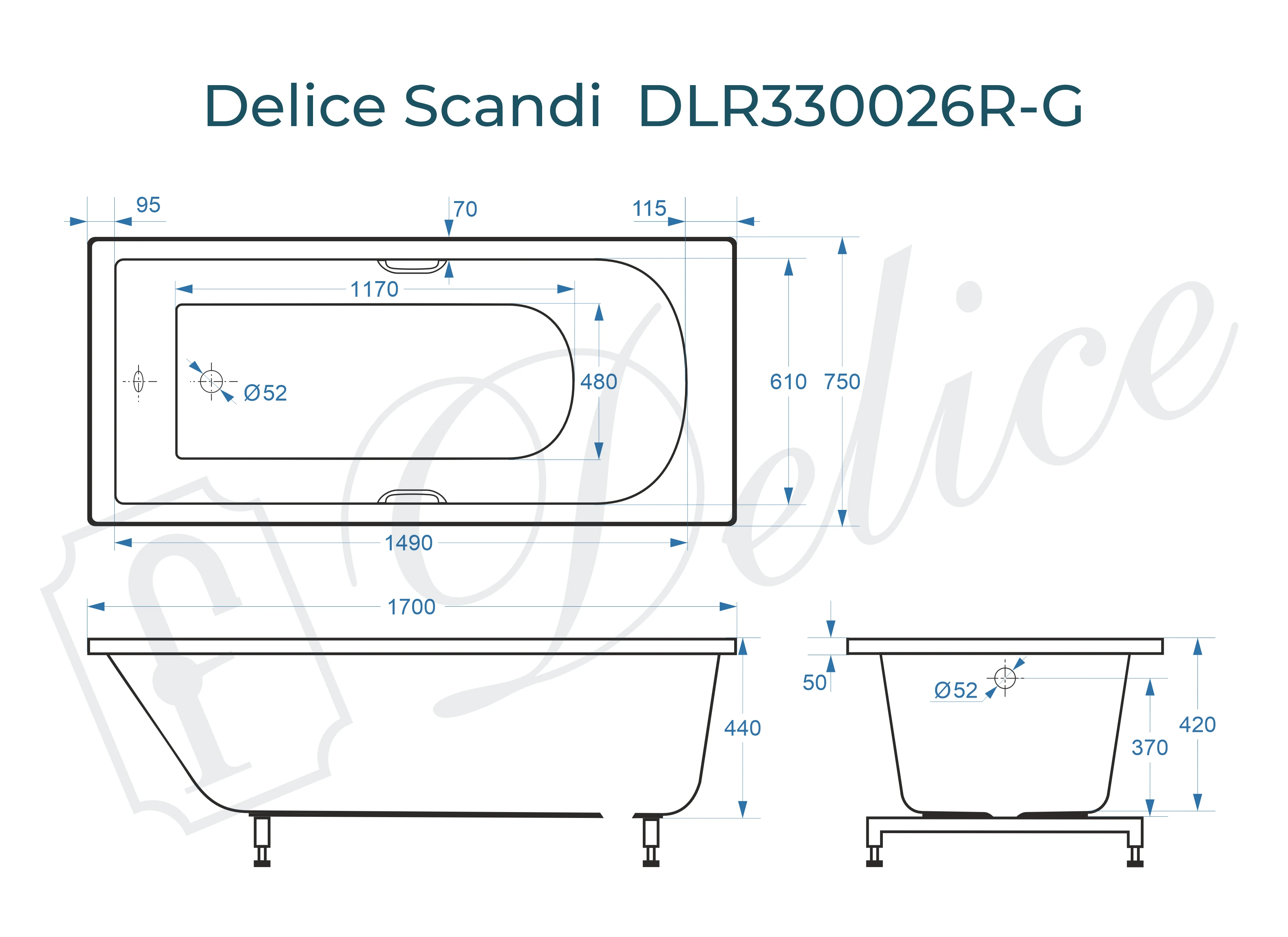 Ванна из литьевого мрамора Delice Scandi 170х75 глянцевая с ручками Хром DLR330026R-G 