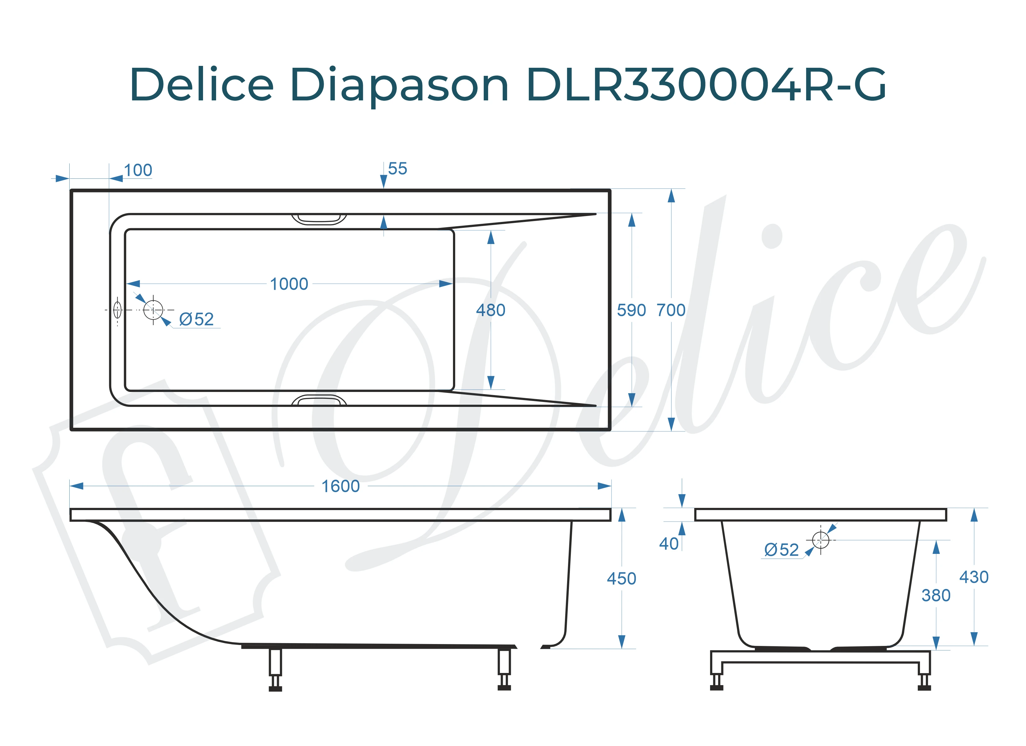 Ванна из литьевого мрамора Delice Diapason 160х70 глянцевая с ручками Хром DLR330004R-G 