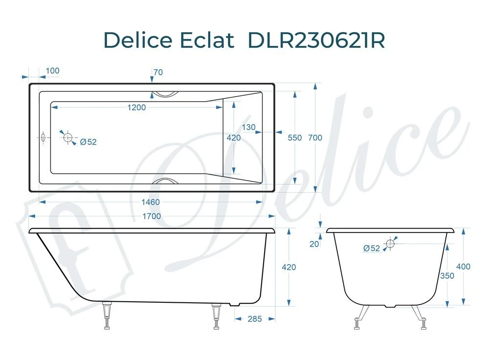 Чугунная ванна Delice Eclat 170x70 с ручками 