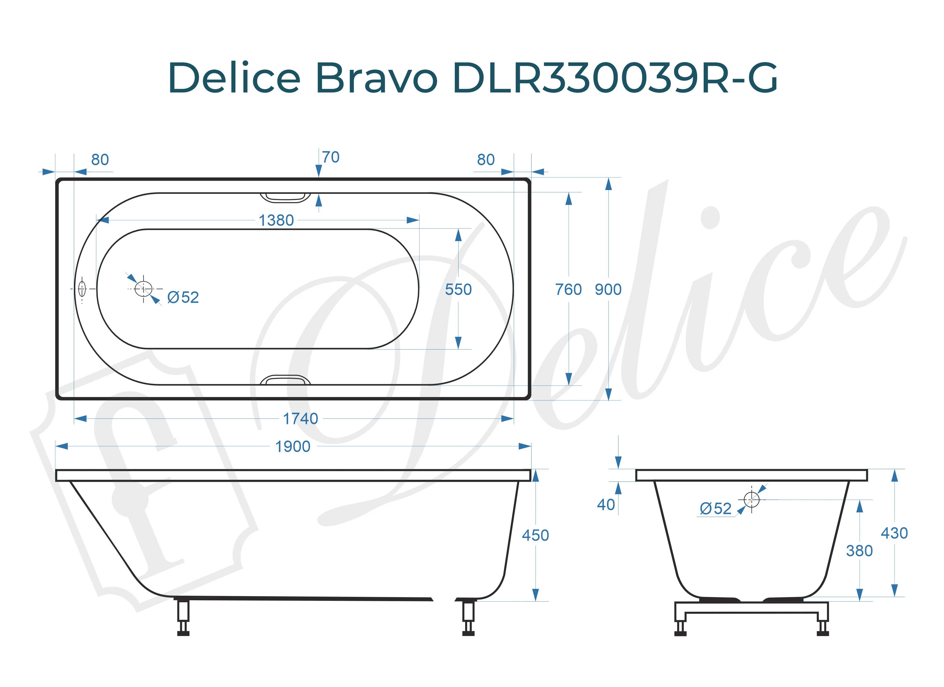 Ванна из литьевого мрамора Delice Bravo 190х90 глянцевая с ручками Хром DLR330039R-G 