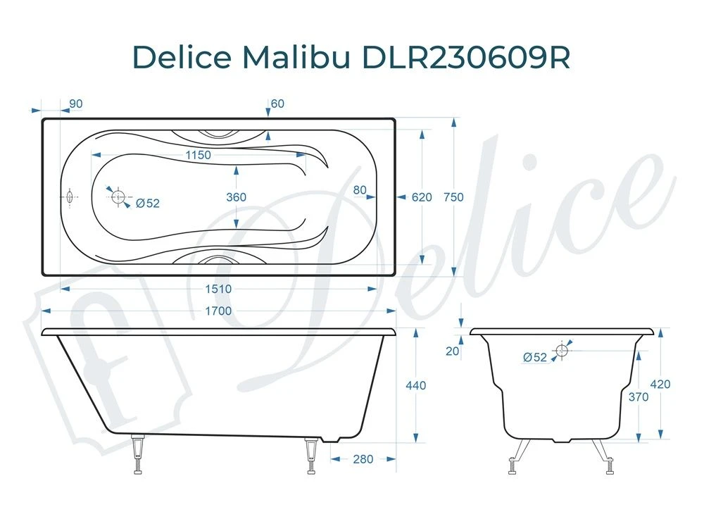 Чугунная ванна Delice Malibu 170x75 с ручками 