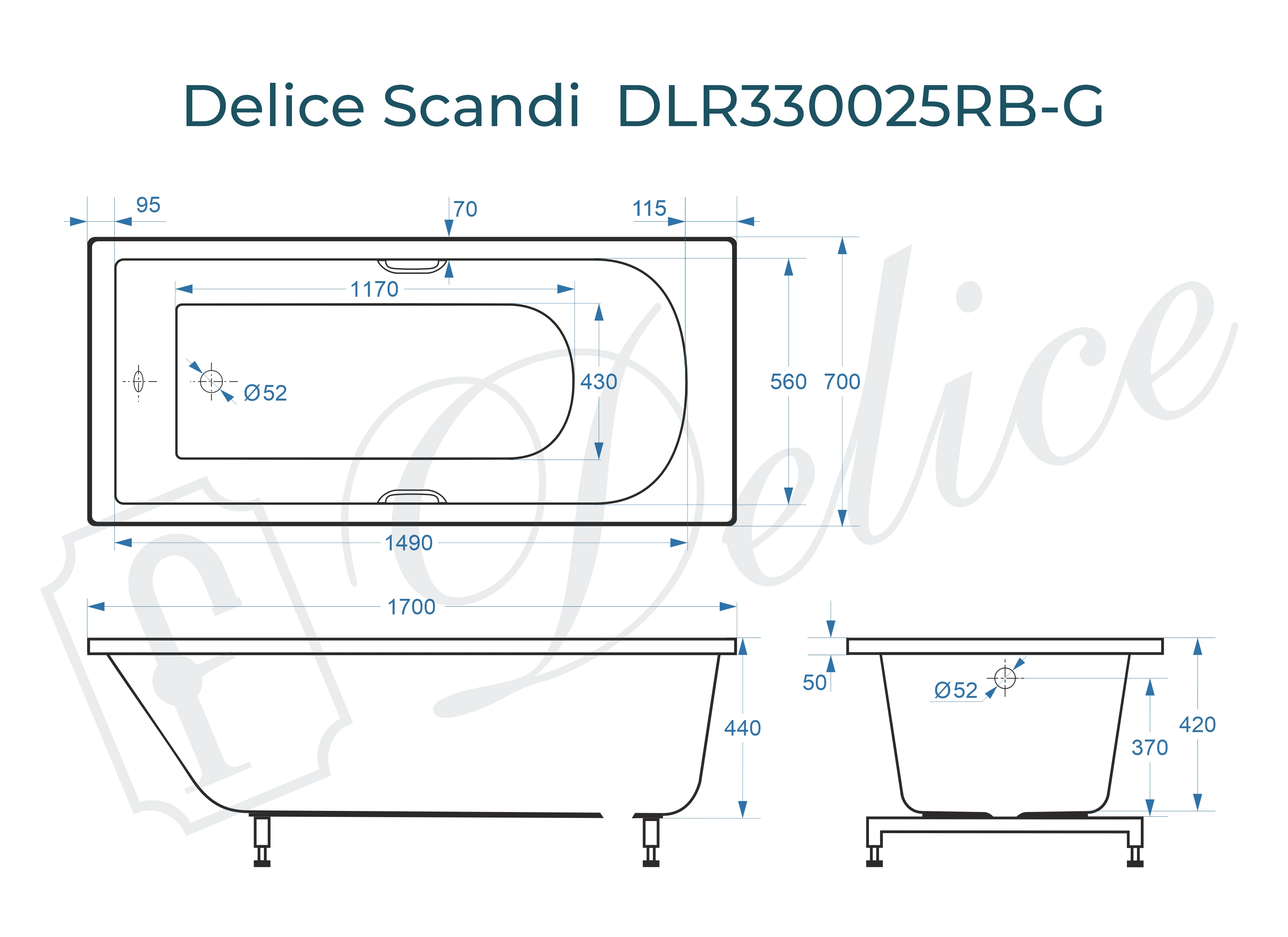 Ванна из литьевого мрамора Delice Scandi 170х70 глянцевая с черными ручками DLR330025RB-G 