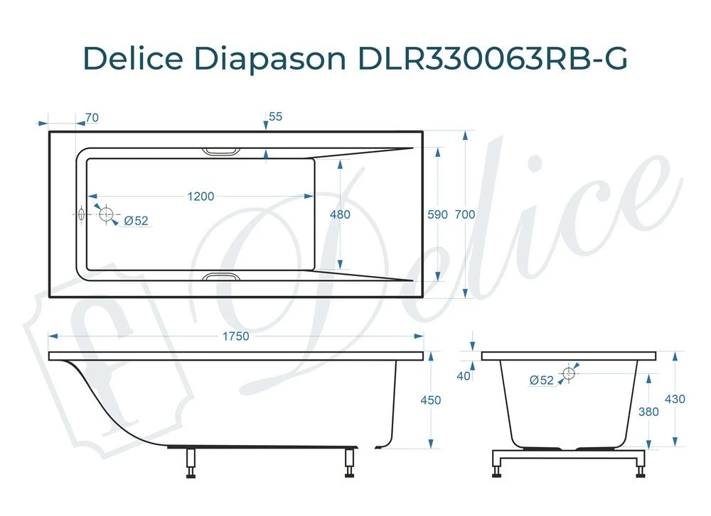 Ванна из литьевого мрамора Delice Diapason 175х70 глянцевая с черными ручками DLR330063RB-G 