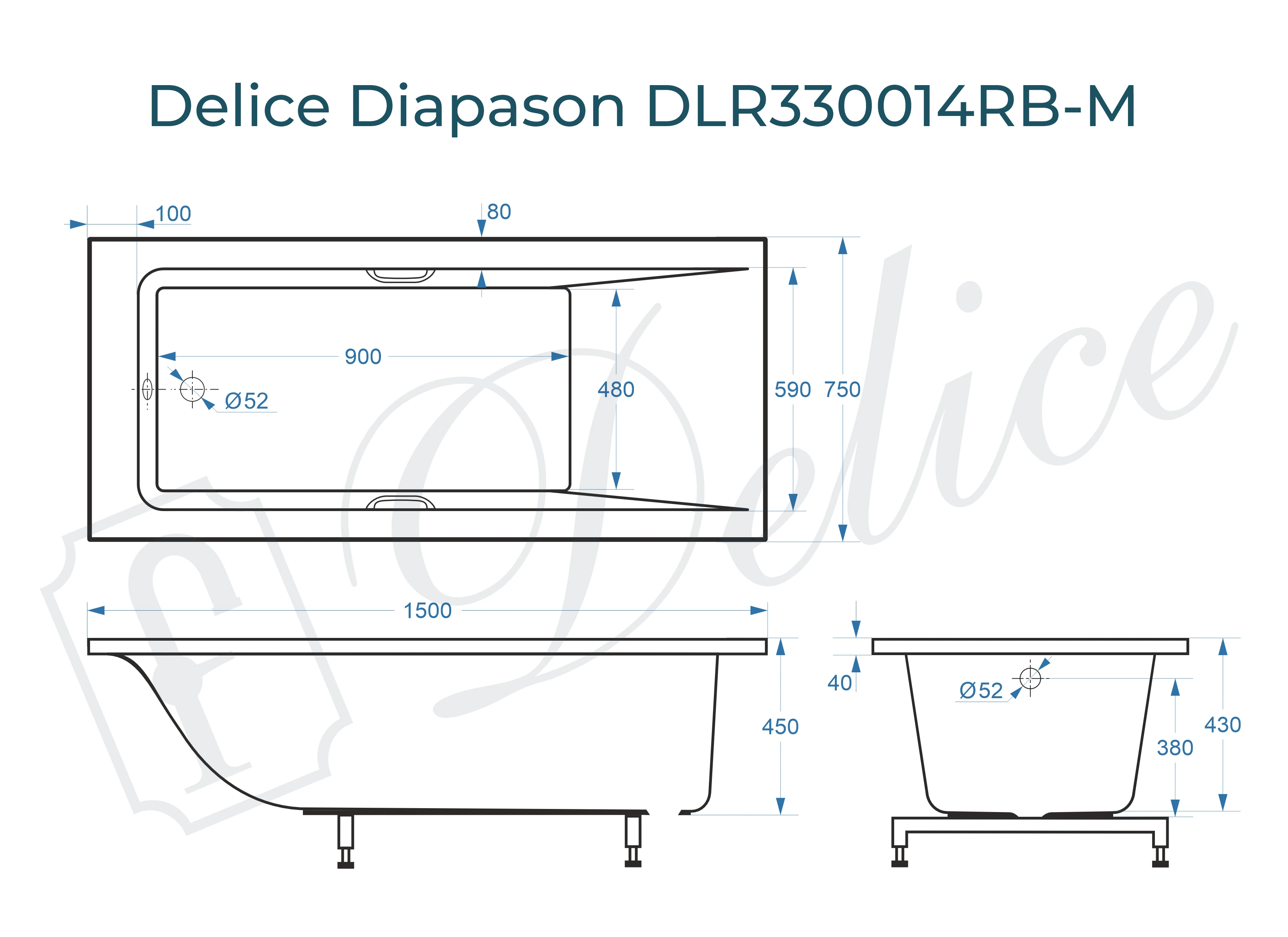 Ванна из литьевого мрамора Delice Diapason 150х75 матовая с черными ручками DLR330014RB-M 