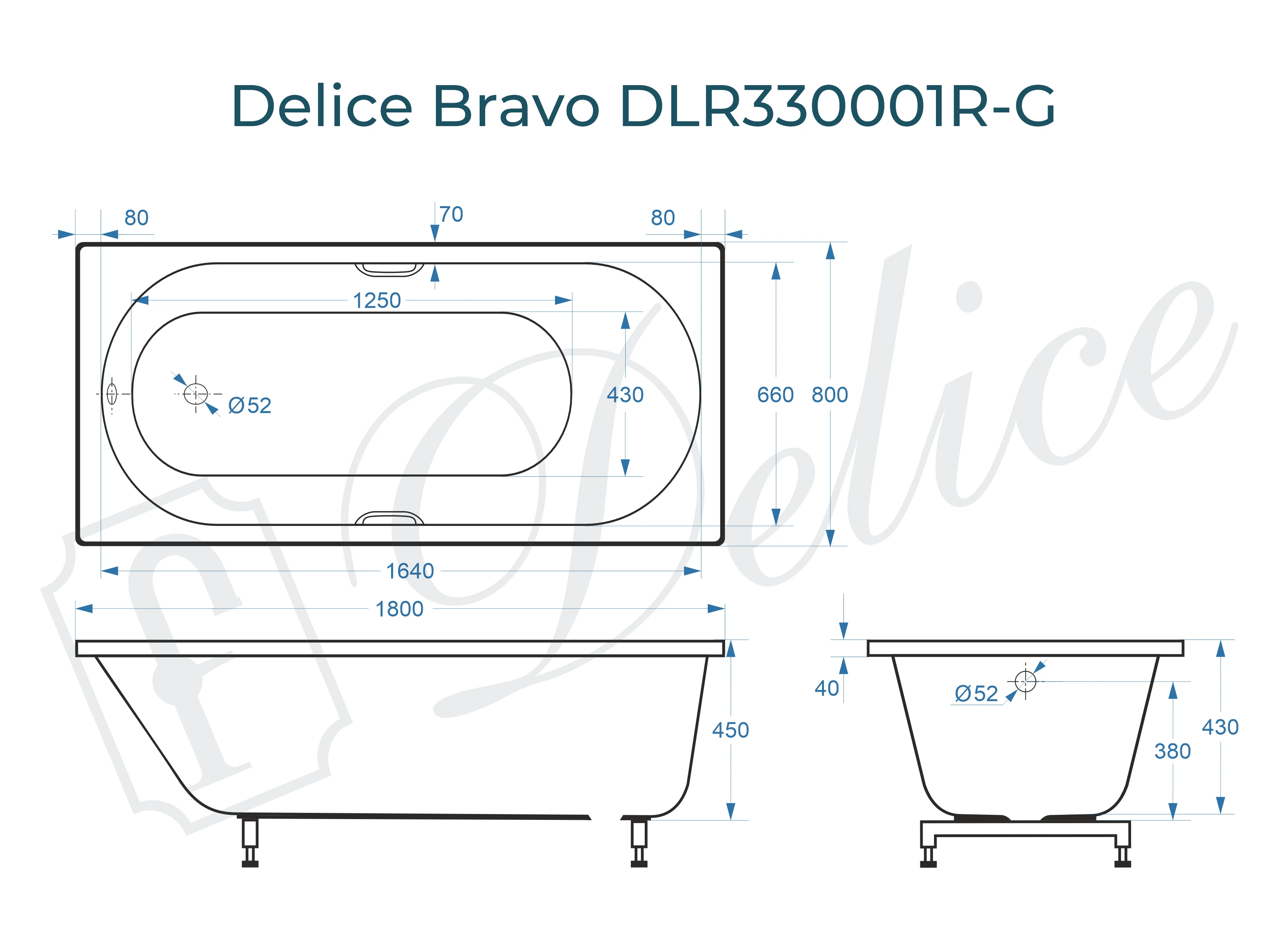 Ванна из литьевого мрамора Delice Bravo 180х80 глянцевая с ручками Хром DLR330001R-G 