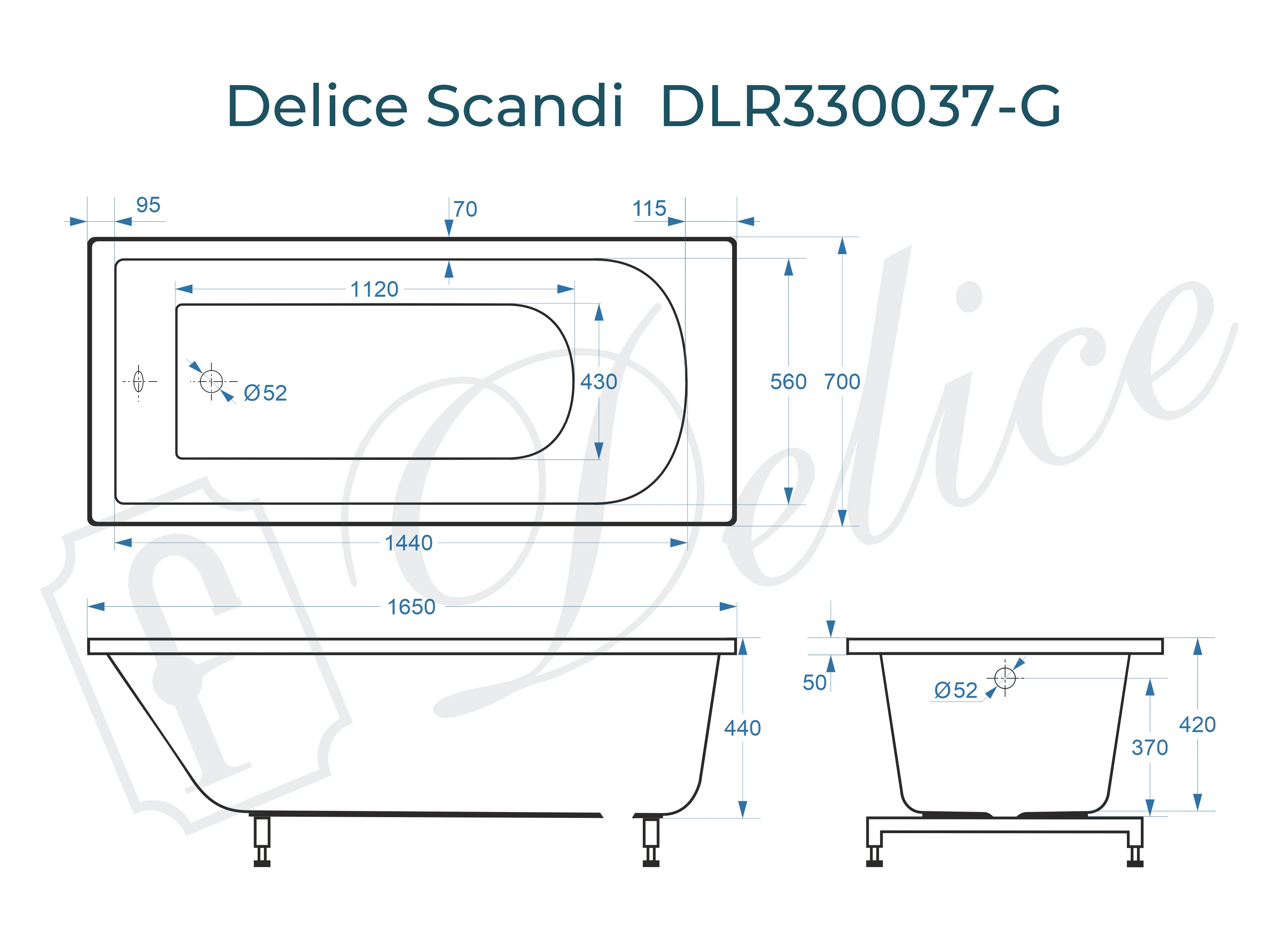 Ванна из литьевого мрамора Delice Scandi 165х70 глянцевая DLR330037-G 