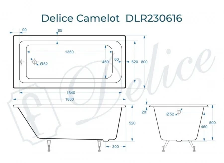 Чугунная ванна Delice Camelot 180x80 