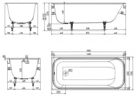 Чугунная Ванна Luxus White 160x75 с ручками 