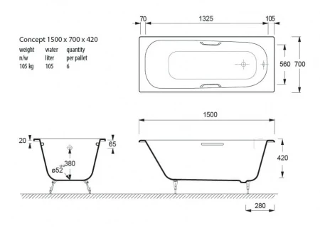 Чугунная ванна Vinsent Veron Concept 150x70 с отверстиями для ручек 