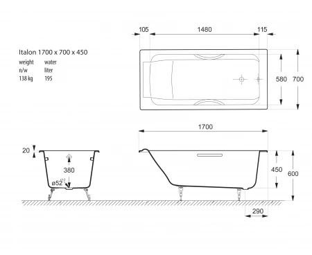 Чугунная ванна Vinsent Veron Italon 170x70 