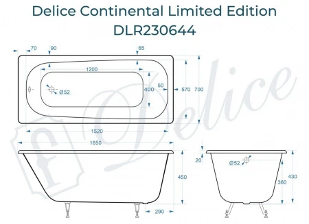 Чугунная ванна Delic Continental Limited Edition 165x70 