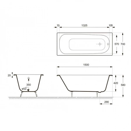Чугунная ванна Delice Continental 150x70 с ручками 