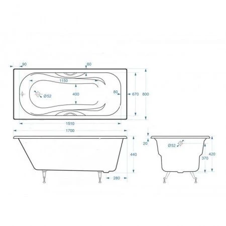 Чугунная ванна Delice Malibu 170x80 с ручками 